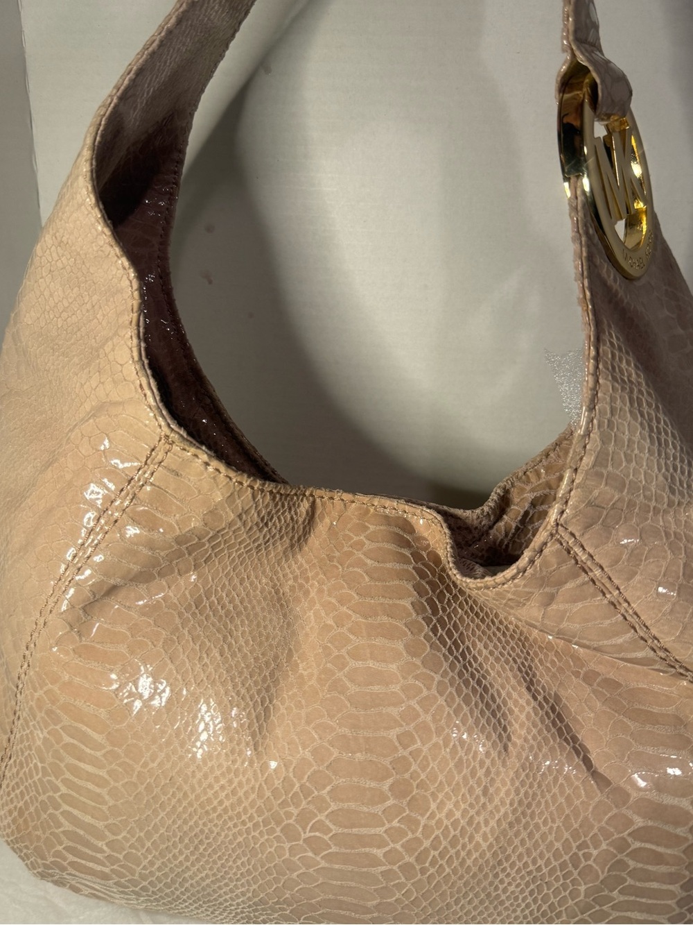 Michael Kors Nude Snake-Embossed Patent Leather Shoulder Bag